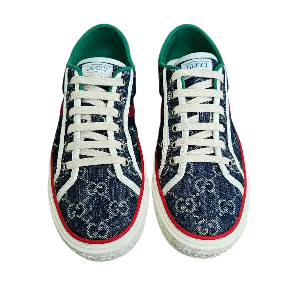 Gucci Tennis 1977 Blue Denim GG Supreme Web Stripe Low Top Sneaker Size 41 US 11